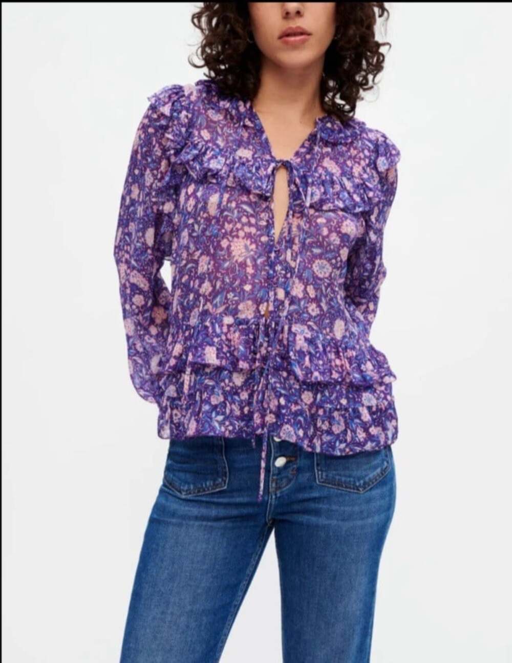 Maje Dahlia Ruffle Tie Button Top Sz 4 Purple Floral Keyhole Boho Coquette Sheer